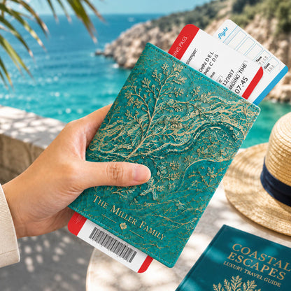 Teal Botanical Family Travel Accessories Gift - Personalized Luggage Cover, Tag & Passport Cover Set