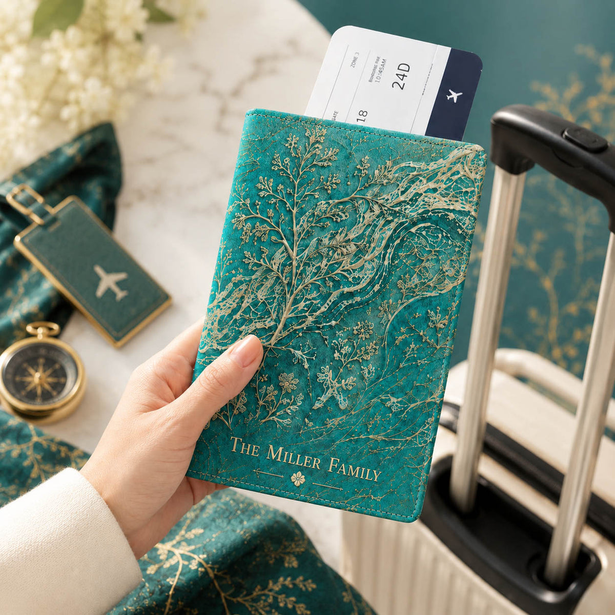 Teal Botanical Family Name Travel Gift - Personalized Passport Cover