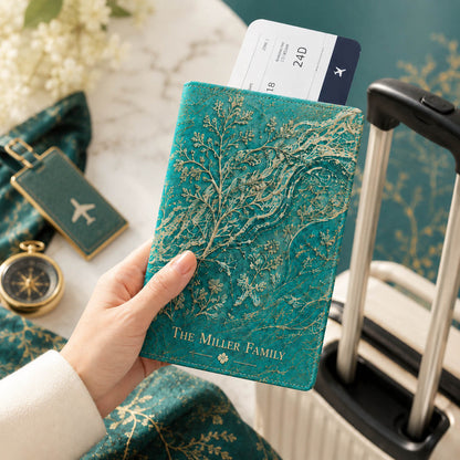 Teal Botanical Family Name Travel Gift - Personalized Passport Cover
