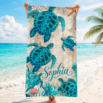Personalized Sea Turtle Beach Towel - Custom Name Ocean Pool Towel