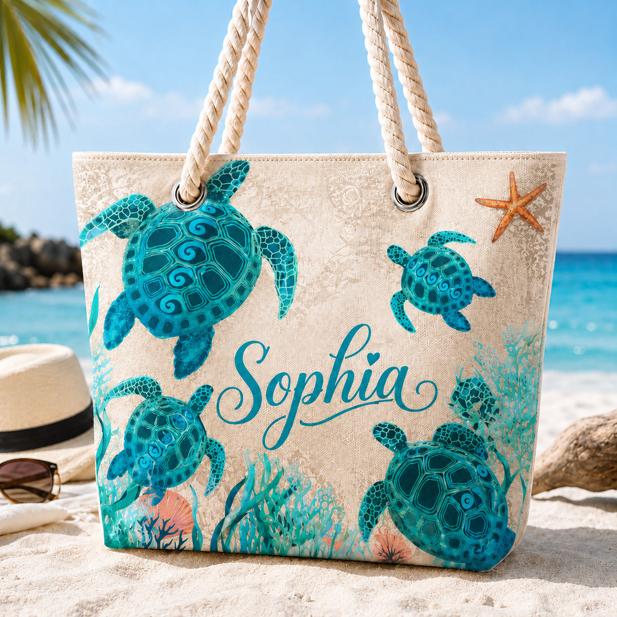Personalized Sea Turtle Beach Towel - Custom Name Ocean Pool Towel