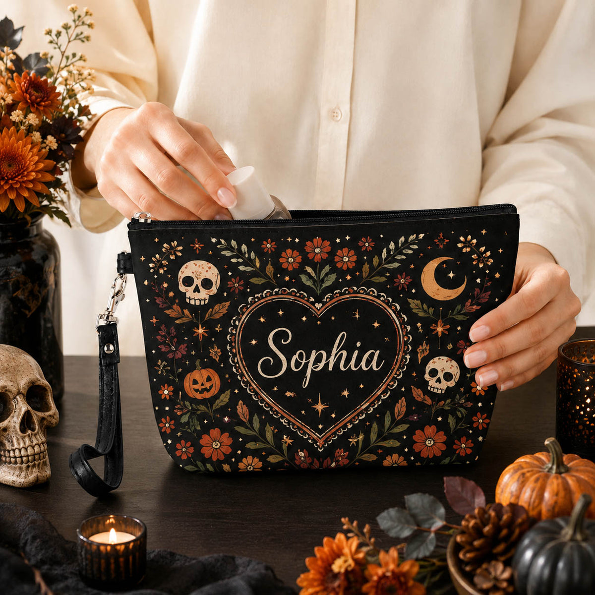 Spooky Floral Skull Halloween - Personalized Makeup Bag - Gift For Halloween Lover