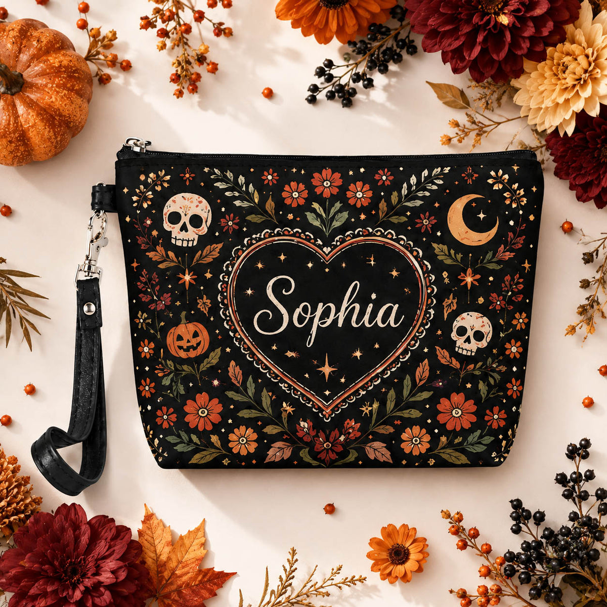 Spooky Floral Skull Halloween - Personalized Makeup Bag - Gift For Halloween Lover