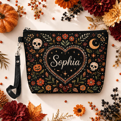 Spooky Floral Skull Halloween - Personalized Makeup Bag - Gift For Halloween Lover