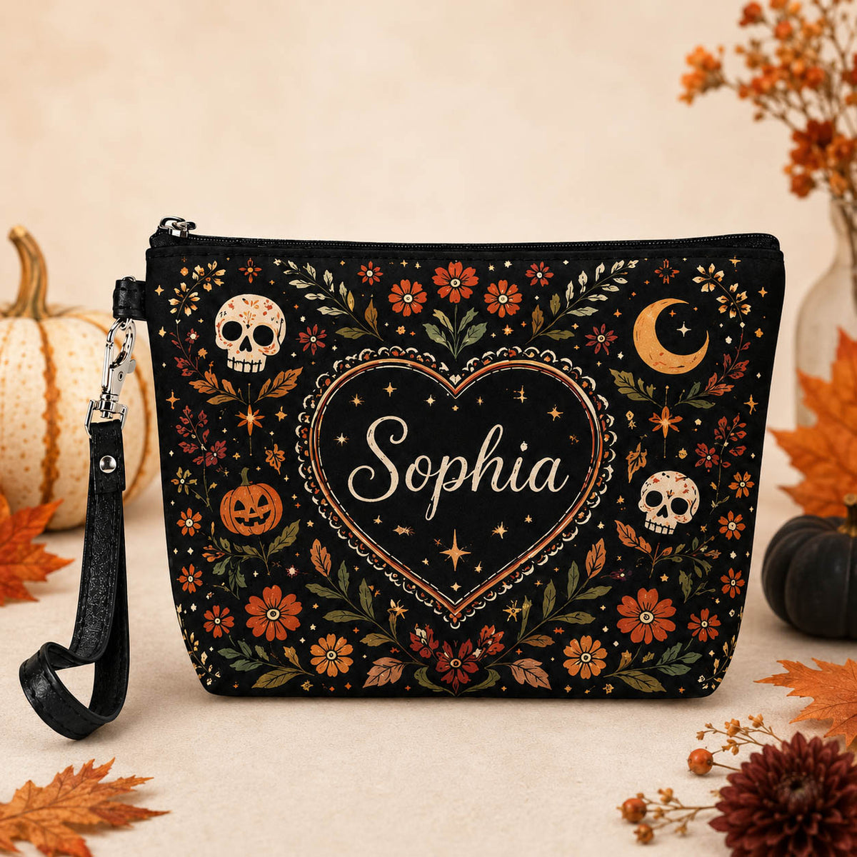 Spooky Floral Skull Halloween - Personalized Makeup Bag - Gift For Halloween Lover
