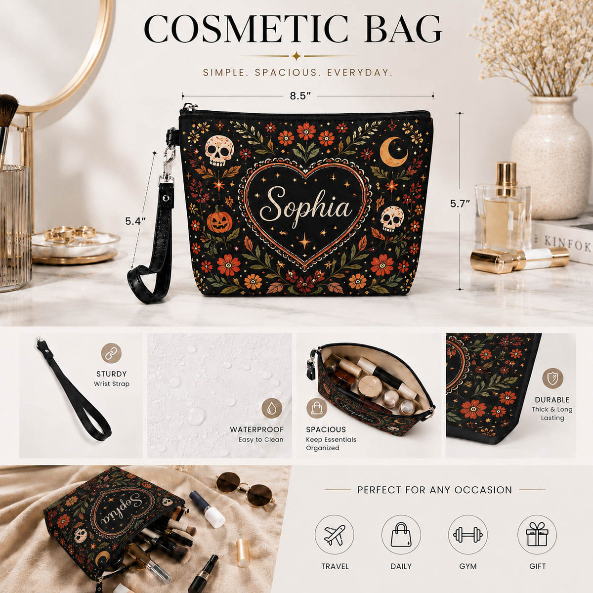 Spooky Floral Skull Halloween - Personalized Makeup Bag - Gift For Halloween Lover