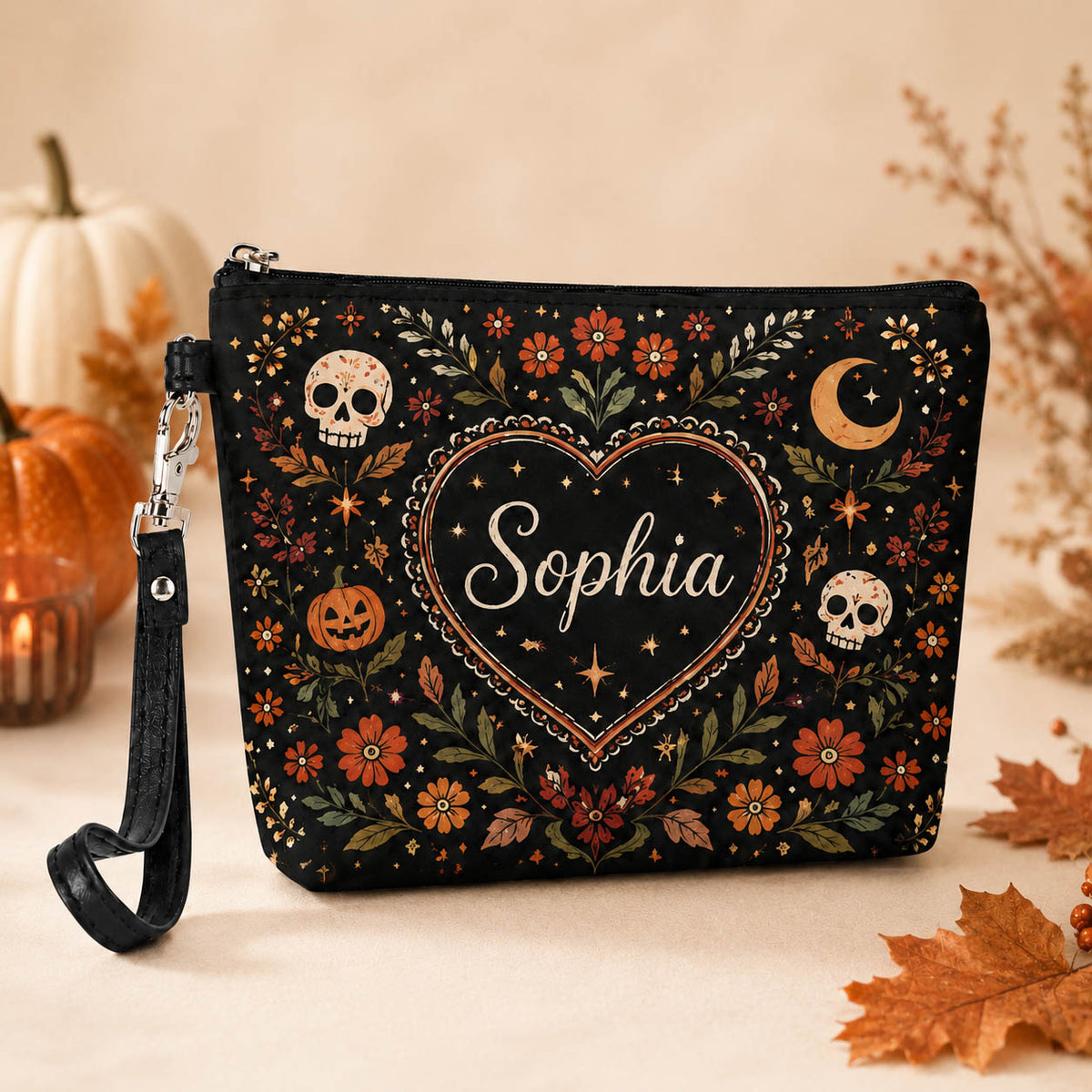 Spooky Floral Skull Halloween - Personalized Makeup Bag - Gift For Halloween Lover