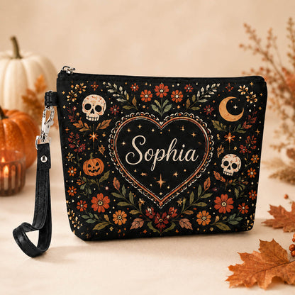 Spooky Floral Skull Halloween - Personalized Makeup Bag - Gift For Halloween Lover